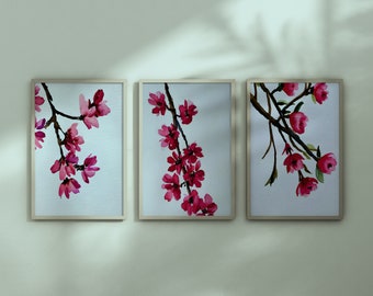 Minimalist Bedroom Cherry Blossom Wall Art, Blush Pink Flowers Set of 3