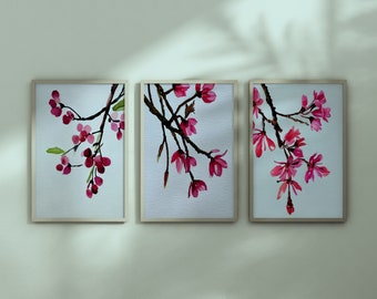 Minimalist Cherry Blossom Wall Art Set - 3 Printable Bedroom Decor