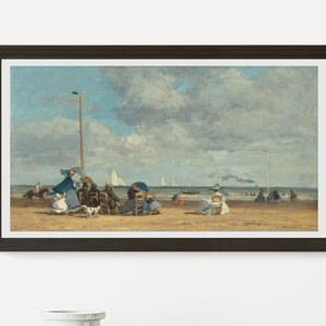 Beach at Trouville by Eugene Boudin 1864/1865 oil on wood printable vintage art