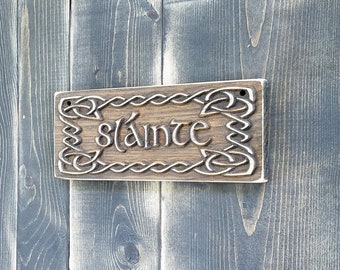 Slainte Sign Carved Wood Toast To Good Health Celtic Knot Border  **See Description for additional discount!!!**