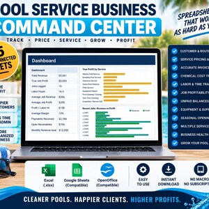 Puede incluir: Un portátil que muestra un panel de control para empresas de servicios de piscinas con métricas financieras, gráficos de ingresos y datos de trabajo. La interfaz incluye 15 hojas interconectadas para gestionar clientes, precios y facturas.