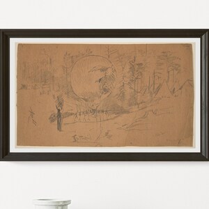 May include: A framed sketch featuring a landscape with trees, figures, and a large circular shape. The artwork is rendered in shades of brown and gray, with visible pencil strokes. The frame is dark brown.