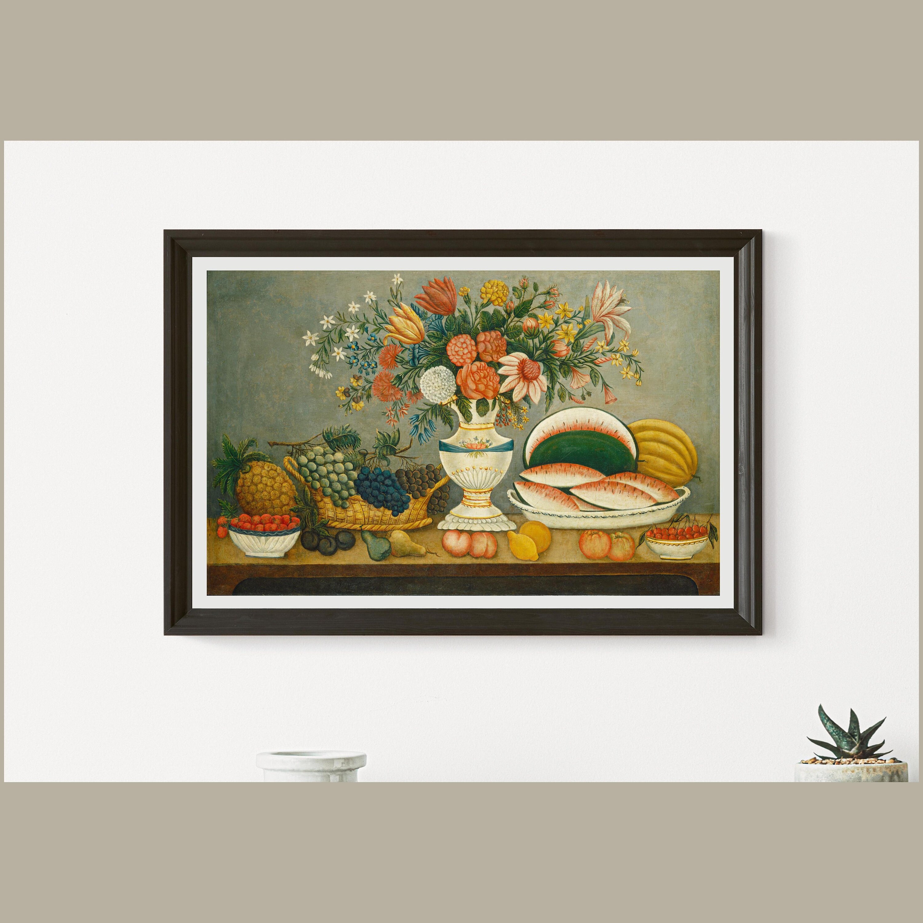 Fruits et fleurs nature morte, huile sur toile du XIXe siècle peinture ...