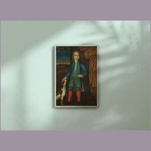 Boy in Blue Coat 18th Century American art, c. 1730 oil on canvas vintage painting; print in many sizes.