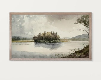 Samsung Frame TV art:  Peaceful Minnesota Lake Scene, Watercolor Painting Original Art