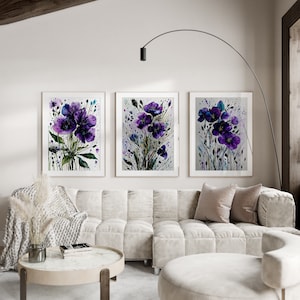 Eclectic Violet Flowers Watercolor Art Prints, Set of 3, February Birth Flower Printable