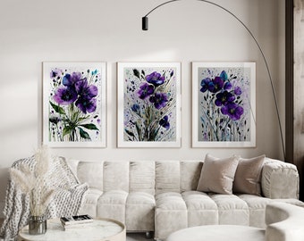 Impresiones de arte de acuarela de flores violetas eclécticas, conjunto de 3, flor de nacimiento de febrero imprimible