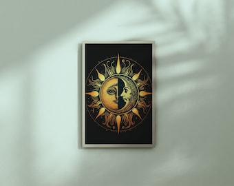 Bohemian sun and moon art print, ecclectic boho printable decor.