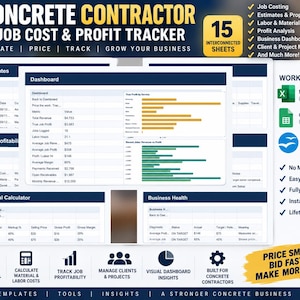 May include: A digital Concrete Contractor Job Cost & Profit Tracker spreadsheet template featuring 15 interconnected sheets, a business dashboard, job profitability, and material calculator views, compatible with Microsoft Excel and Google Sheets.