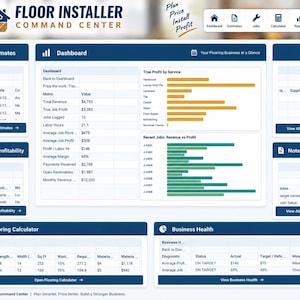 Peut inclure: Une interface de tableau de bord numérique intitulée Floor Installer Command Center, comprenant des sections pour les devis, la rentabilité des travaux, un calculateur de sol et des indicateurs de santé commerciale avec des graphiques et tableaux.