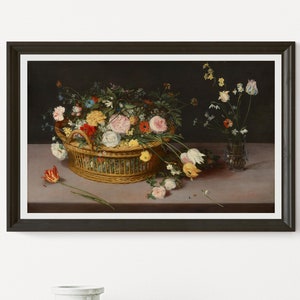 May include: A framed still life painting featuring a woven basket overflowing with colorful flowers, including roses and tulips. A glass vase with more flowers sits to the right. The artwork is set against a dark background.