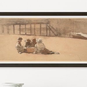Vintage, faded drawing, Four Boys on a Beach by Winslow Homer printable classic art.