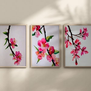 Cherry Blossom 3 Print Wall Set- Blush Pink Floral Wall Art, Digital Download