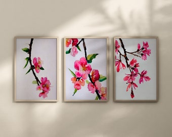 Cherry Blossom 3 Print Wall Set- Blush Pink Floral Wall Art, Descarga digital