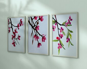 Watercolor Pink Flowers - Sakura Flower Art Print - Set of 3 Cherry Blossom Watercolor Paintings