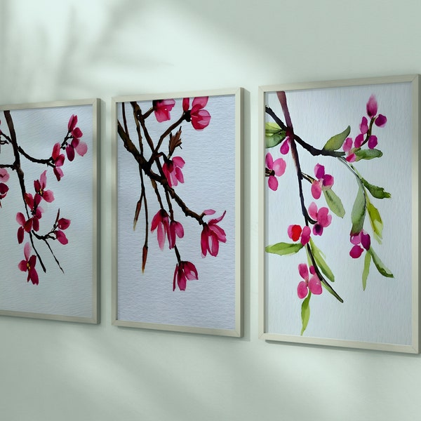 Watercolor Pink Flowers - Sakura Flower Art Print - Set of 3 Cherry Blossom Watercolor Paintings