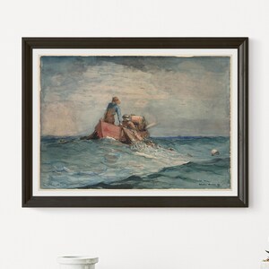 Vintage painting Hauling in the Nets by Winslow Homer 1887 watercolor over graphite on wove paper printable.