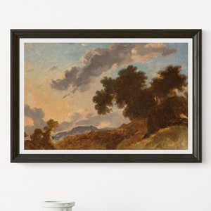 Mountain Landscape at Sunset by Jean Honore Fragonard c. 1765 oil on paper printable classic gallery art.