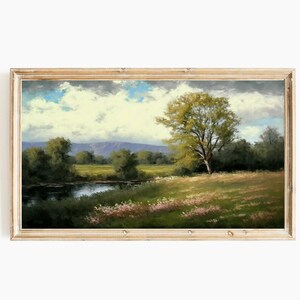 Samsung Frame TV art:  Landscape Print Oil Painting Rolling Hills by a Tranquil Stream