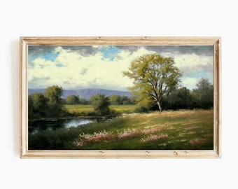 Samsung Frame TV art:  Landscape Print Oil Painting Rolling Hills by a Tranquil Stream