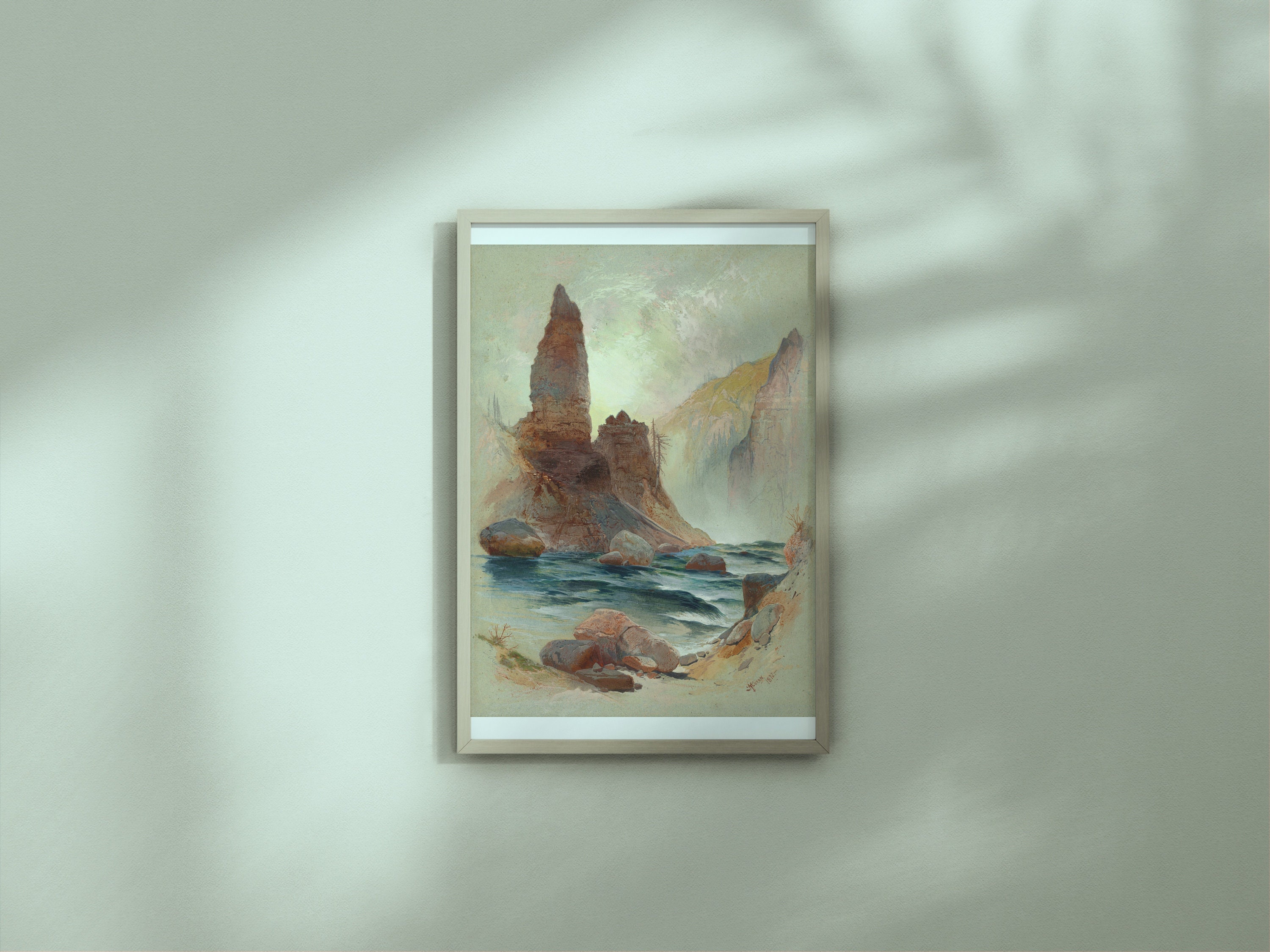 水彩画：トーマス・モラン・イエローストーンによるタワーフォールズの