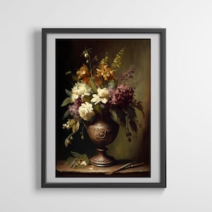 May include: A framed floral still life painting. The artwork features a bronze-colored vase overflowing with a variety of flowers in shades of white, purple, yellow, and orange. The painting has a dark background and is displayed in a black frame.