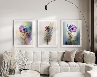 Floral Painting Set, 3 printable purple and blue watercolor flower prints, matched gallery set.