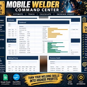 May include: A digital dashboard titled Mobile Welder Command Center featuring data tables for estimates, job profitability, welding pricing, and business health. The interface includes charts for profit by service and revenue, with text icons for Excel, Google Sheets, and OpenOffice compatibility.