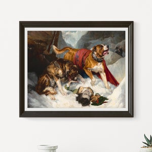 Alpine Mastiffs Reanimating a Distressed Traveler by Sir Edwin Landseer 1820 oil on canvas classical paintings in a variety of sizes.