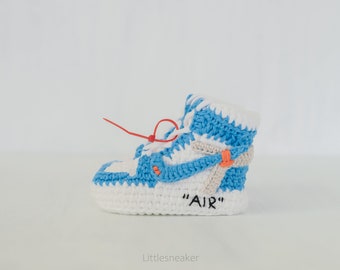 With Economy Shipping,  Air Jordan Virgil Style Baby Sneakers - Blue - Crochet Baby Booties - Baby Shower Gift - Newborn Booties