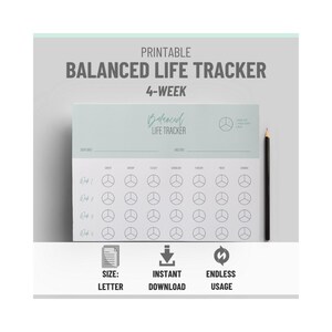 Tracker voor de balans tussen werk en privéleven voor welzijn, in één oogopslag overzicht met invulbare cirkeldiagrammen, afdrukbaar digitaal product voor 4 weken, ongedateerd en herbruikbaar