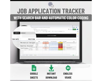 Job Application Tracker with Search Function and Automatic Color Coding to Match Application Status, Google Sheets, Undated & Reusable