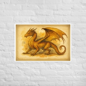 Majestic Golden Dragon Watercolor Print | Fantasy Wall Art | Poster