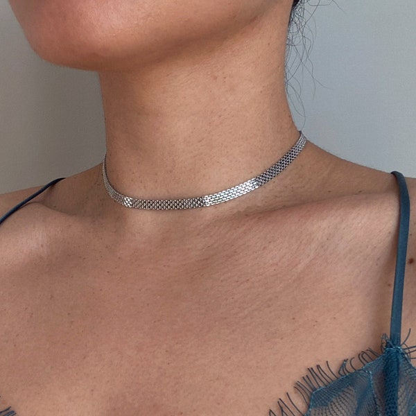 Sterling Silver Skinny Chainmail Choker Necklace