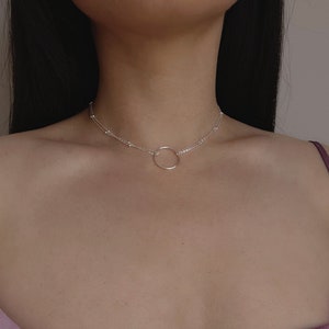 Sterling Silver Folded Double Chain Choker Necklace with Circle Pendant