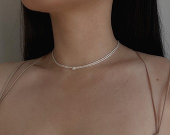 Sterling Silver Knotted Double Skinny Rope Chain Choker Necklace