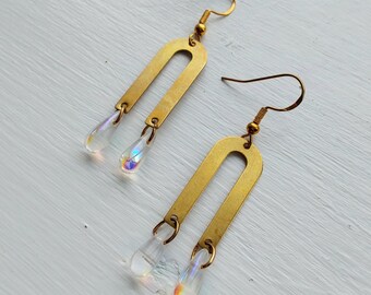 Raw brass arch earrings with glass beads