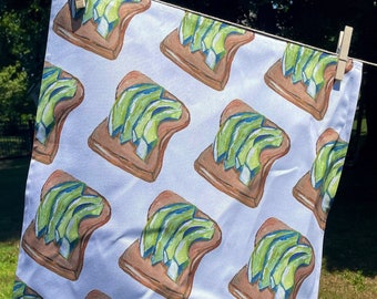 Avocado Toast Tea Towel Kitchen Decor with Whimsical Avocado Design Handmade Tea Towel with Avocado Toast Illustration Kitchen Accent