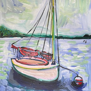 Nautical Boat Art Print – Slippery 1 Catboat Painting – Cape Cod Sailboat Decor – Coastal Giclée 8x12” Wall Art