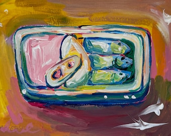 Lámina artística de sardinas en lata, pintura de cocina costera (8x8)