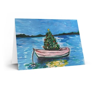 Christmas Tree in Rowboat Greeting Cards | Nautical Holiday Card New England Christmas Card: Sailboat Holiday Tree Greeting