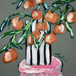 Oranges in Vase Wall Decor Citrus Still Life Art Rustic Vase with Oranges Art Print Citrus Fruit Painting Oranges in a Pink Vase Giclee