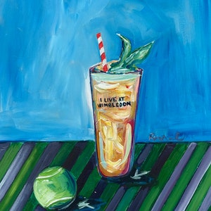 May include: A painting of a glass of iced tea with a red and white striped straw and a sprig of mint. The glass has the text "I live at Wimbledon" on it. A green tennis ball is on a green and purple striped surface.