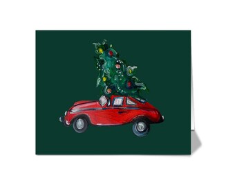 Christmas Tree, Red Porsche, Holiday Greeting Card