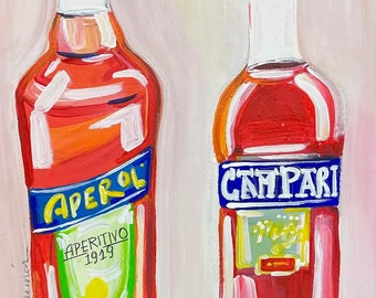 Aperol & Campari Bottle Art Print, Italian Aperitivo Decor