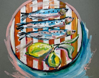 Lámina artística de limón y sardina – Decoración de pared para cocina costera – Arte con ambiente veraniego italiano