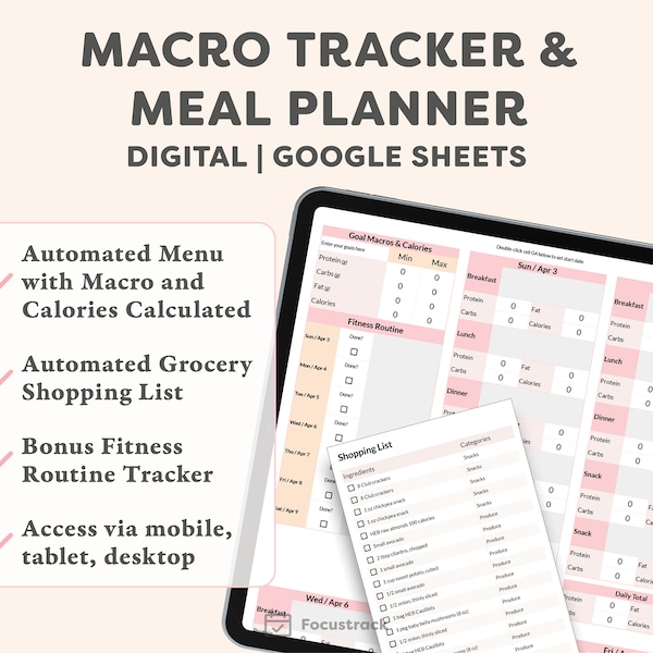 Macro Calorie Tracker & Meal Planner avec liste d’épicerie automatisée | Calculatrice macro | Modèle de préparation de repas numérique | Feuille de calcul Google Sheet