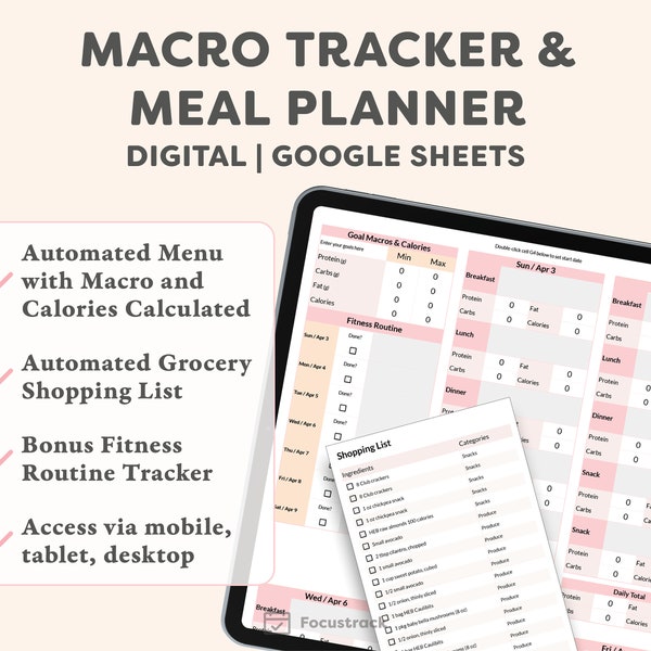 Macro Calorie Tracker & Meal Planner avec liste d’épicerie automatisée | Calculatrice macro | Modèle de préparation de repas numérique | Feuille de calcul Google Sheet