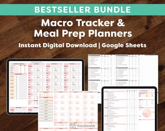 Paquete de seguimiento de macros y planificadores de preparación de comidas de los más vendidos • Plantilla digital Hoja de cálculo de Google • Organizar Automatizar calendario de objetivos de salud alimentaria