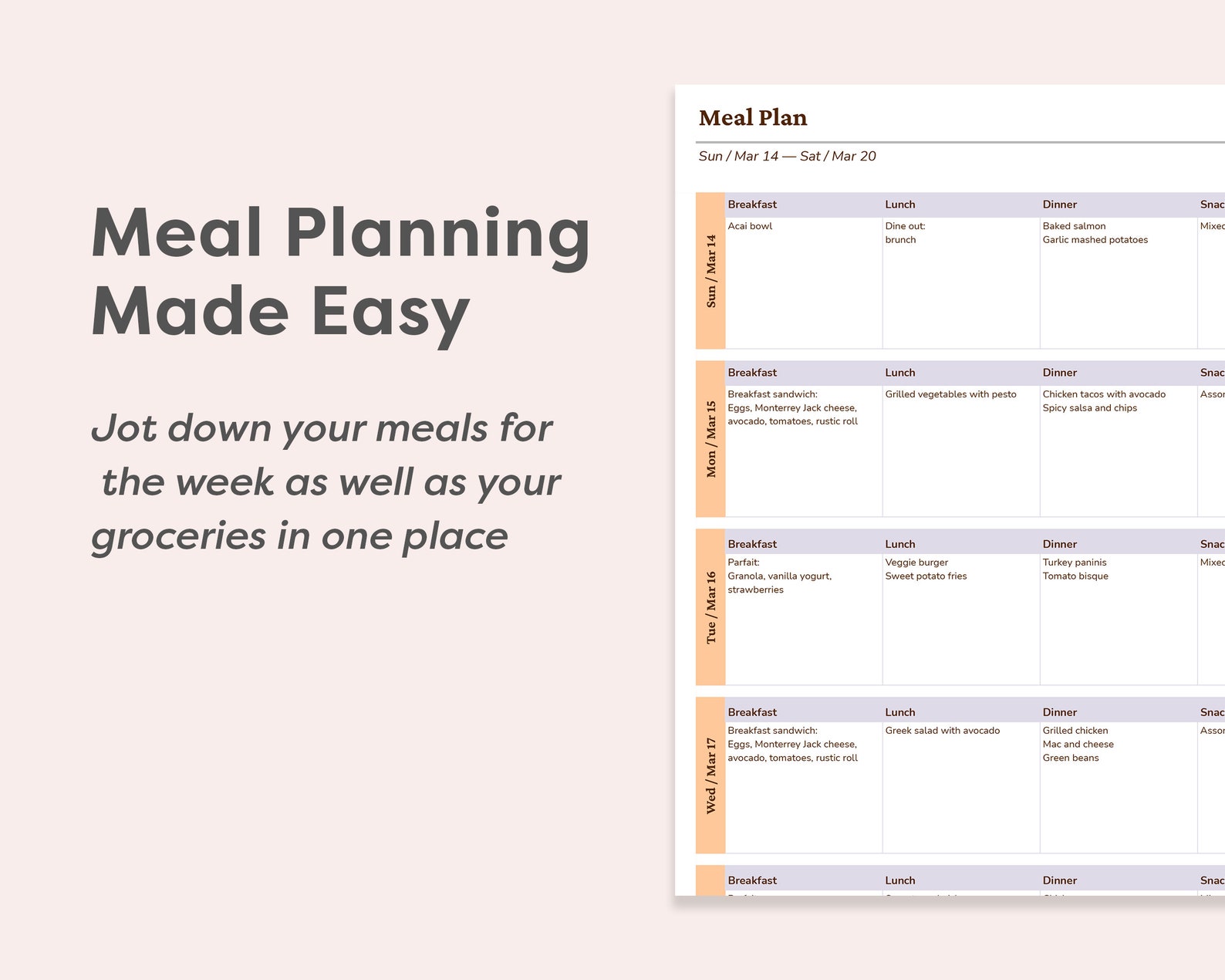 Meal Planner Template Google Sheets